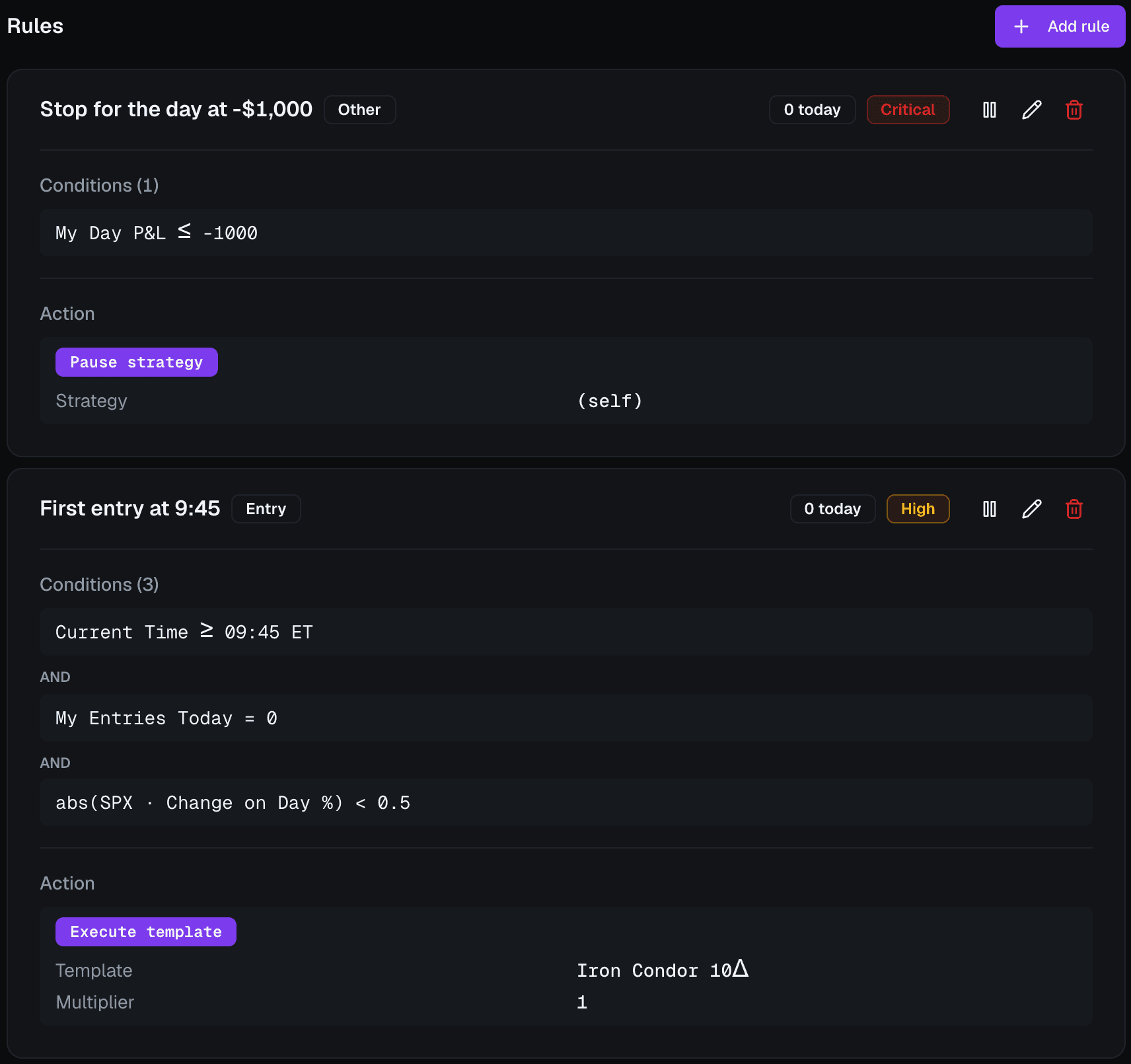 VolNinja strategy rules: a critical rule that pauses the strategy at a $1,000 daily loss, and an entry rule that opens the Iron Condor 10Δ template at 9:45 ET if SPX has moved less than 0.5% on the day.