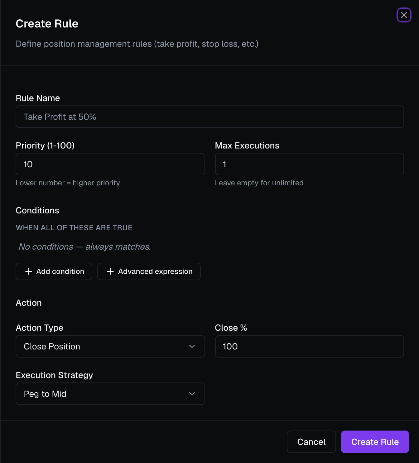 The Create Rule form for a management rule
