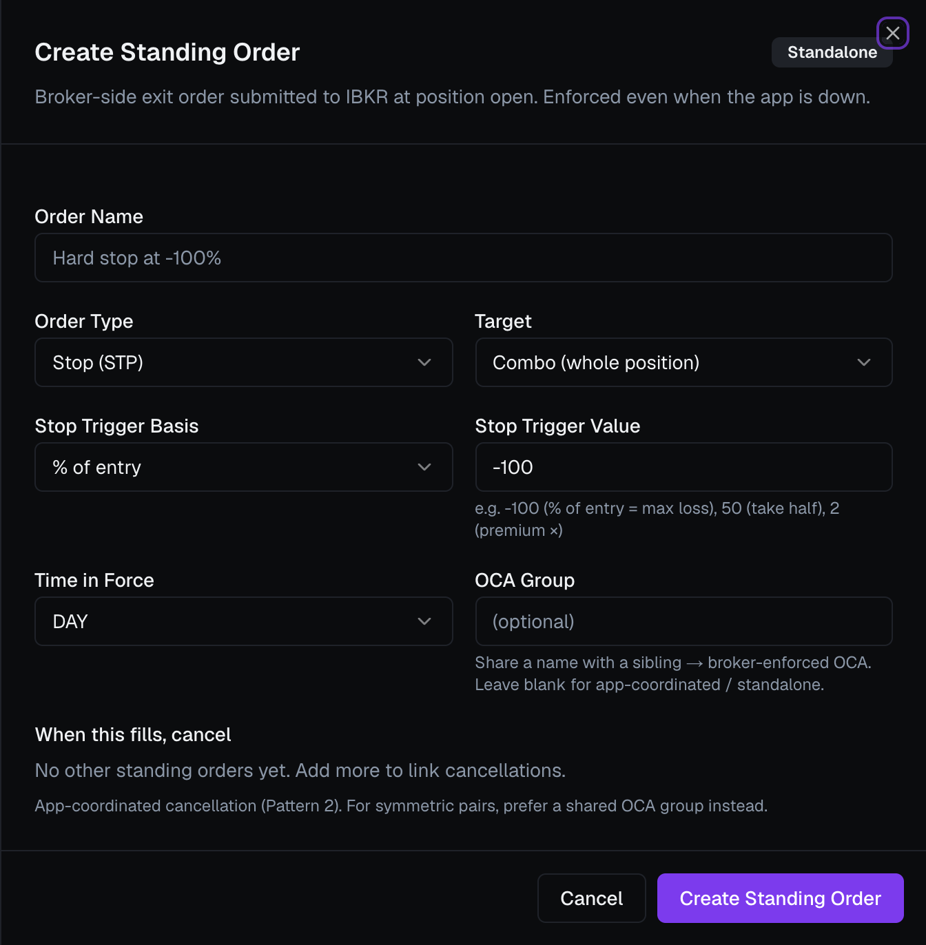 The Create Standing Order form