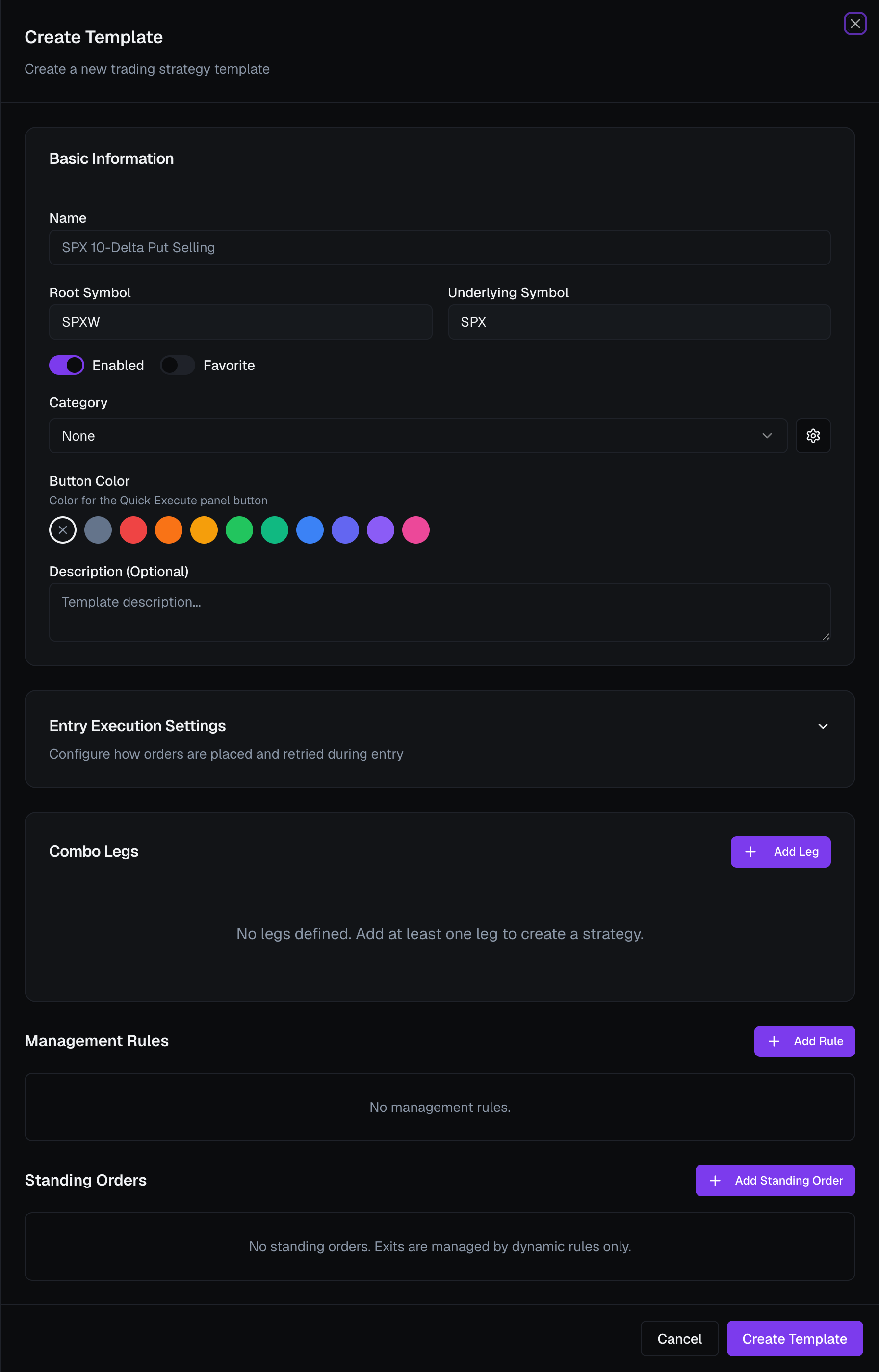 The Create Template sheet