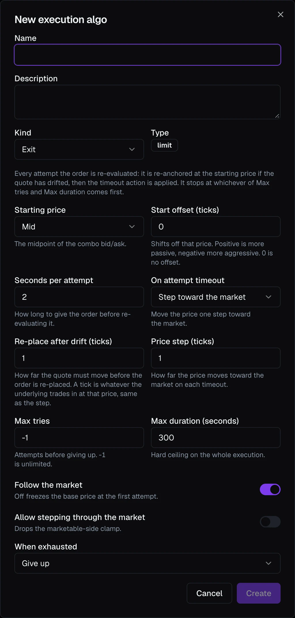 The New execution algo dialog, showing the kind, the limit type, starting price, the retry settings and the stop conditions
