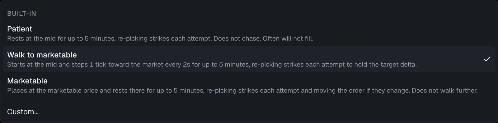 The algo picker open, listing the built-in algos with their descriptions and a Custom option