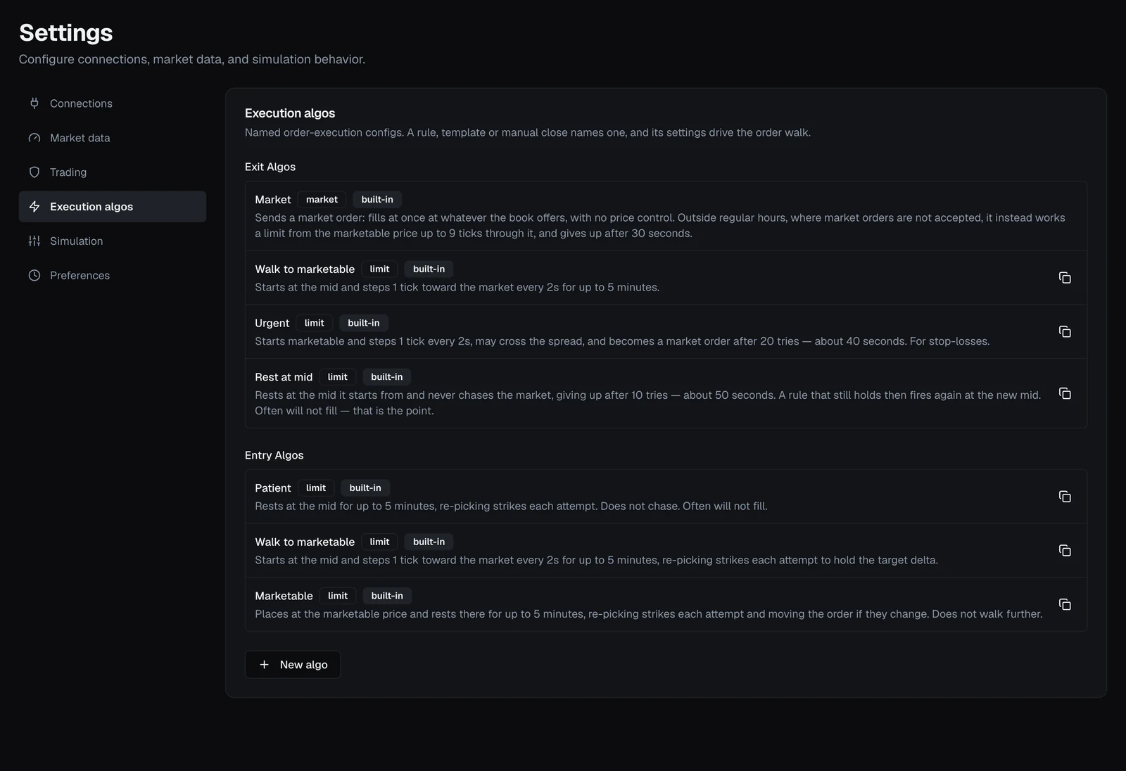 The Execution algos library in Settings, listing the built-in exit and entry algos