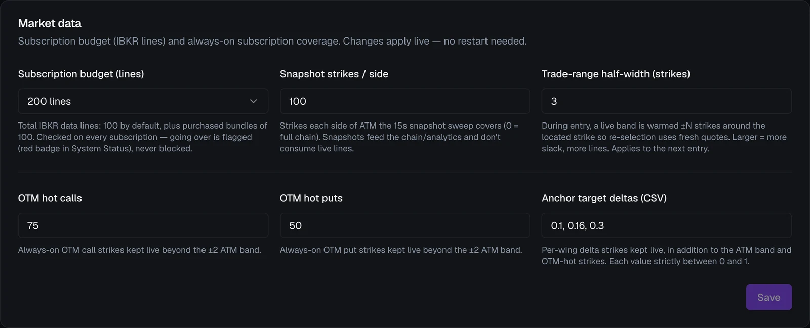 The Market data section of Settings, with the subscription budget and coverage controls