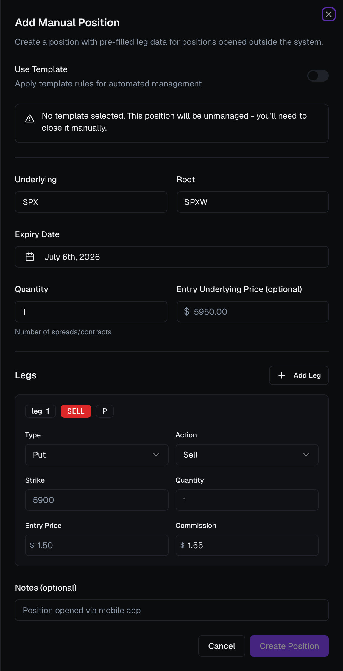 The Add Manual Position sheet