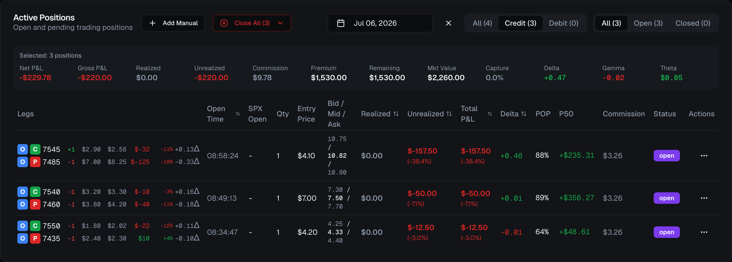 The Active Positions table on the Dashboard