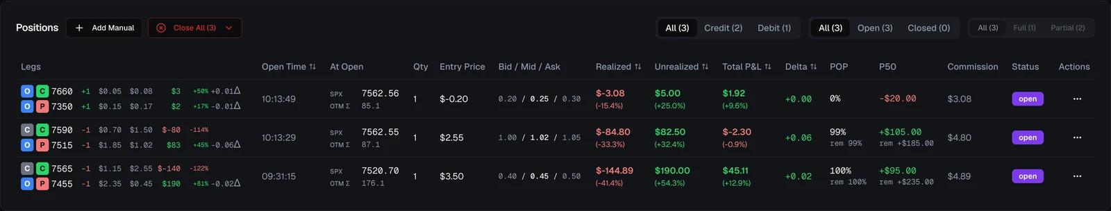 The Positions table on the Dashboard