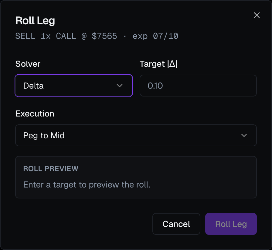 The Roll Leg dialog: Solver, Target, Execution, and the Roll Preview panel