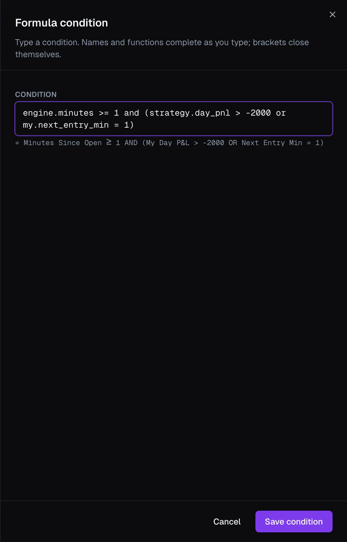 The Formula condition panel showing a valid condition in plain words