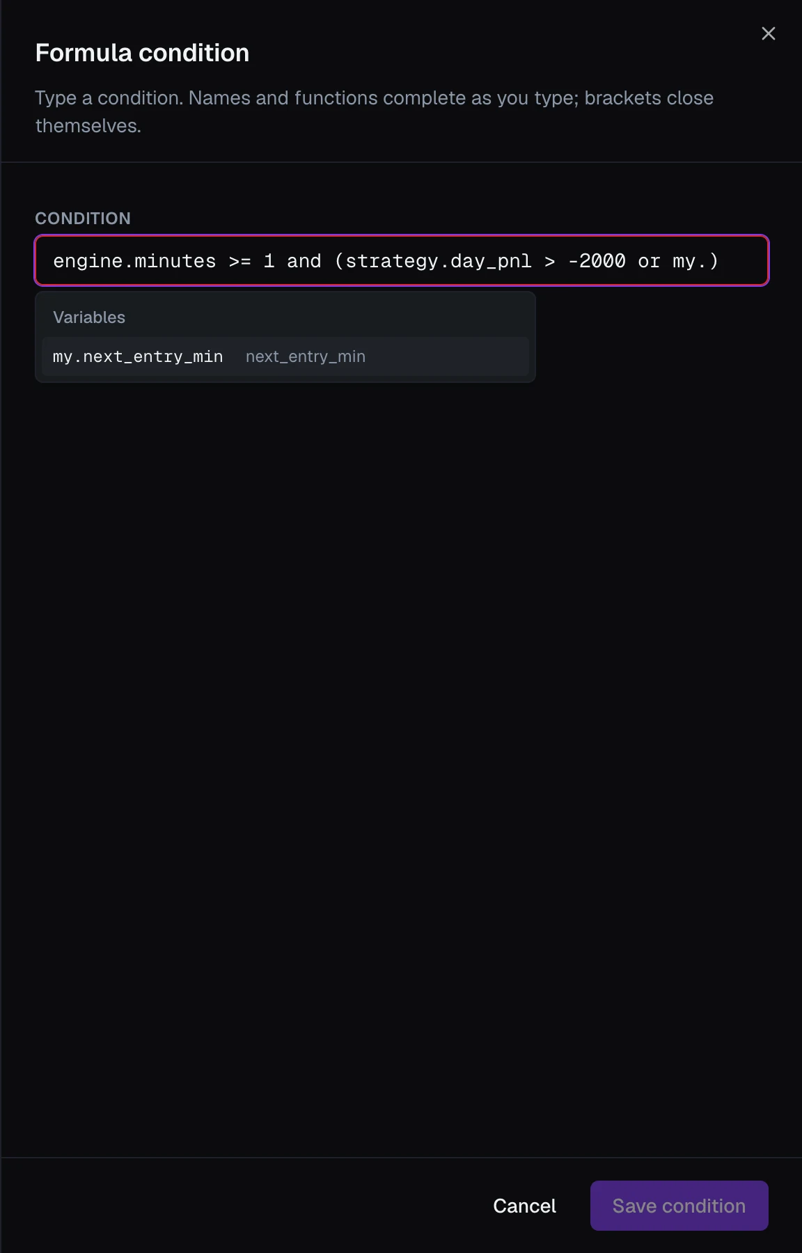 The Formula condition panel, typing a condition with the name list open