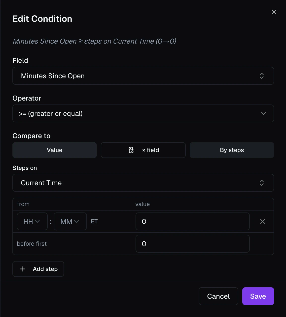 The Edit Condition panel with Compare to set to By steps, showing the Steps on field and the steps table