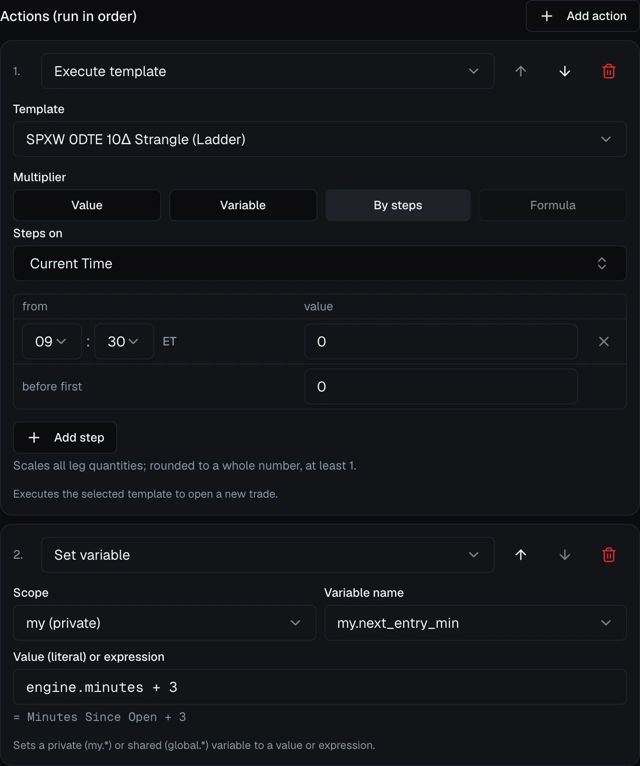 The Execute template action's Multiplier control set to By steps, showing the steps table