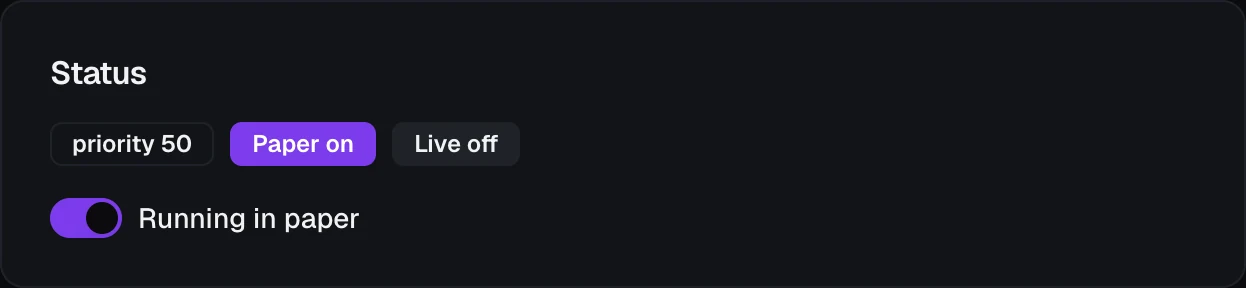 The runtime Information tab, showing the Status card with priority and Paper/Live state