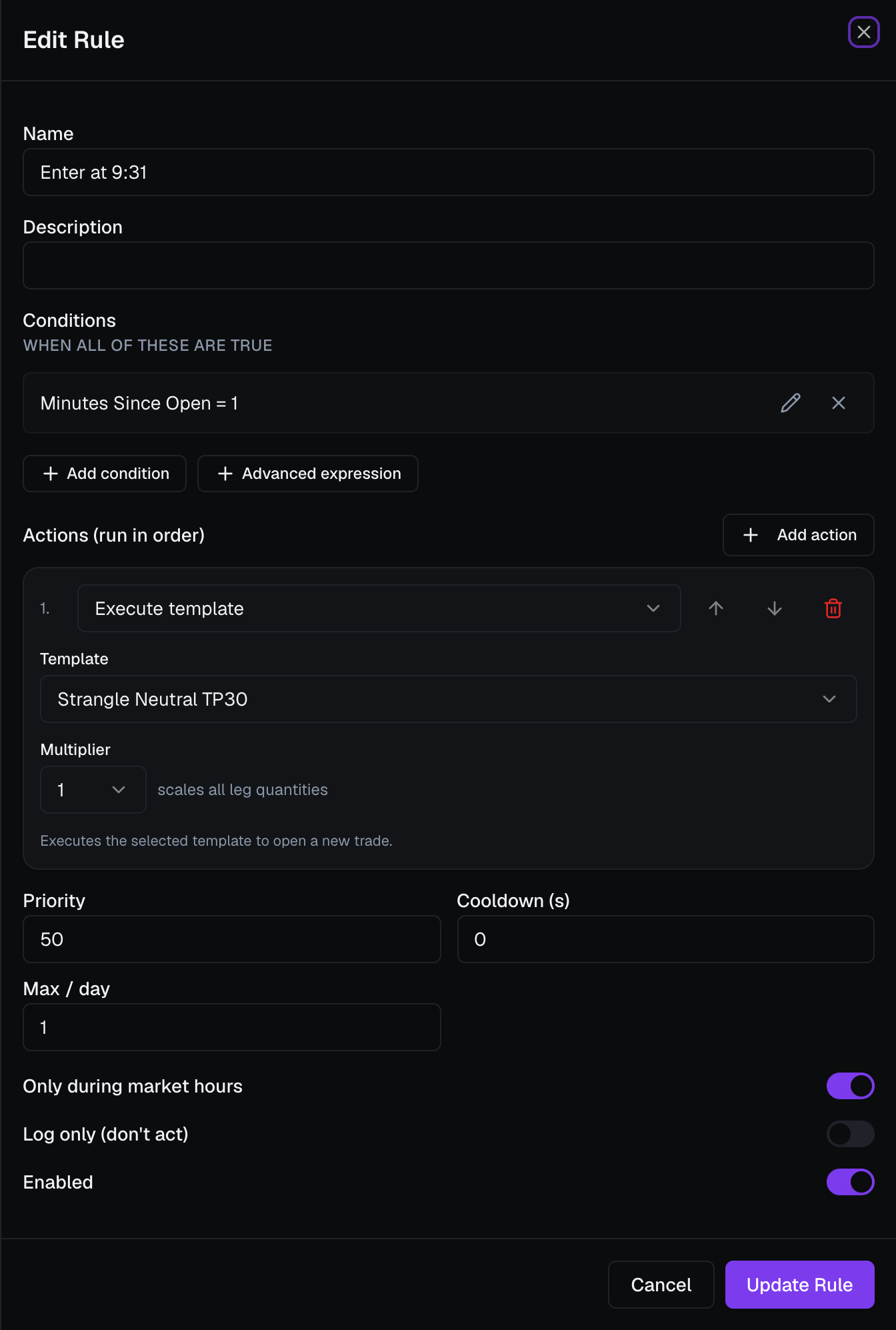 The Create / Edit Rule sheet, showing Conditions, the Actions editor, and the priority / cooldown / market-hours gates