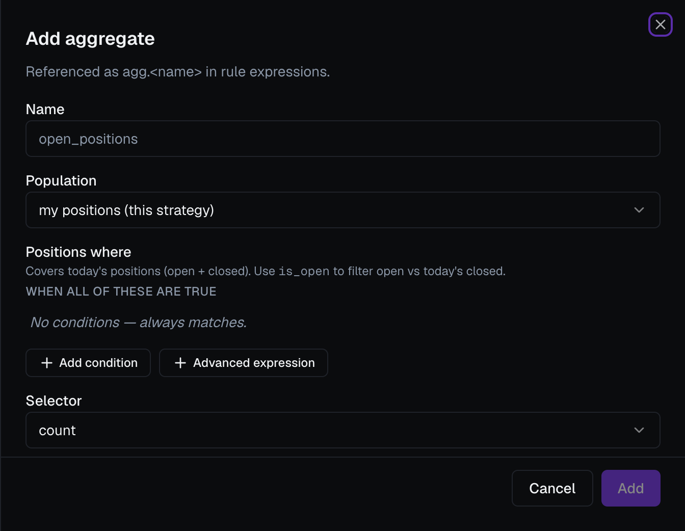 The Add aggregate editor, with Population, Positions where, Selector and Field