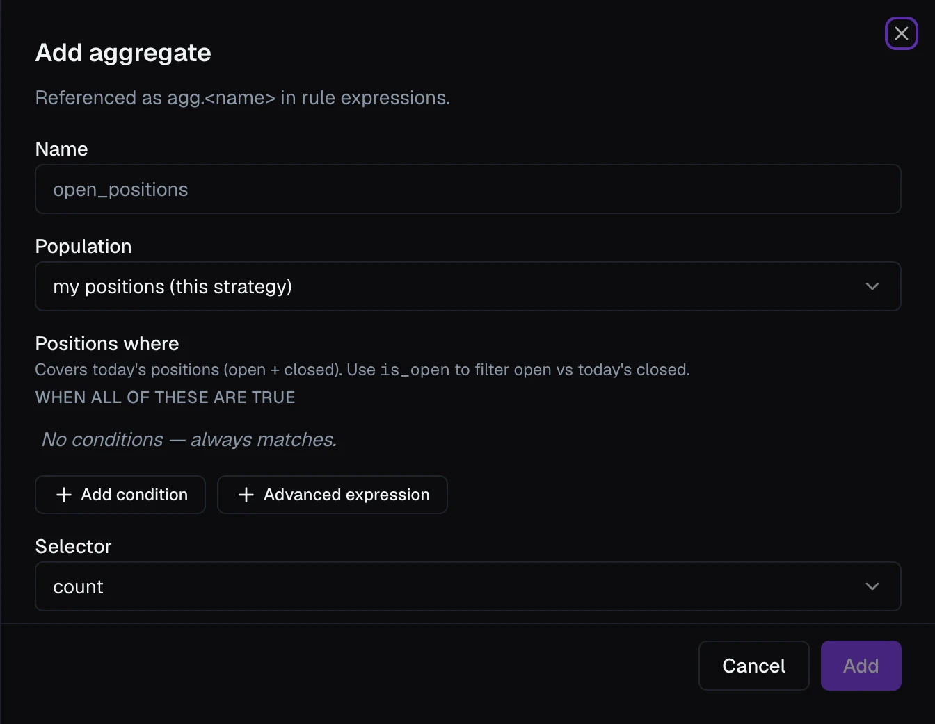 The Add aggregate editor, with Population, Positions where, Selector and Field