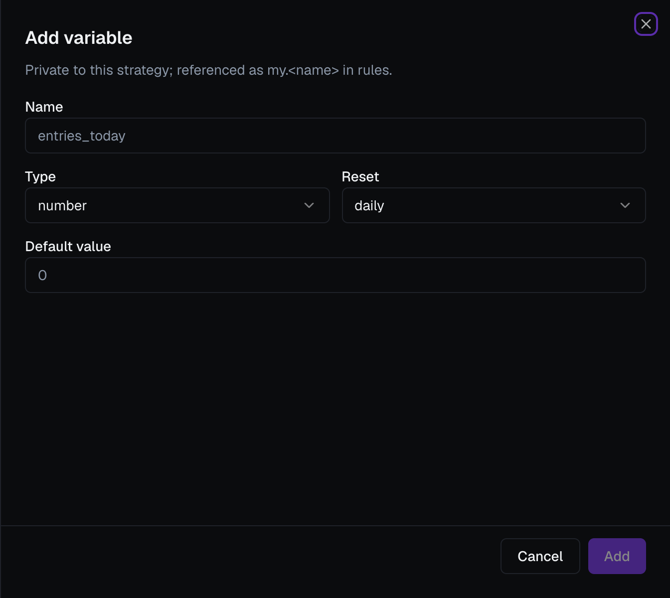 The Add variable editor, with Name, Type, Reset and Default value