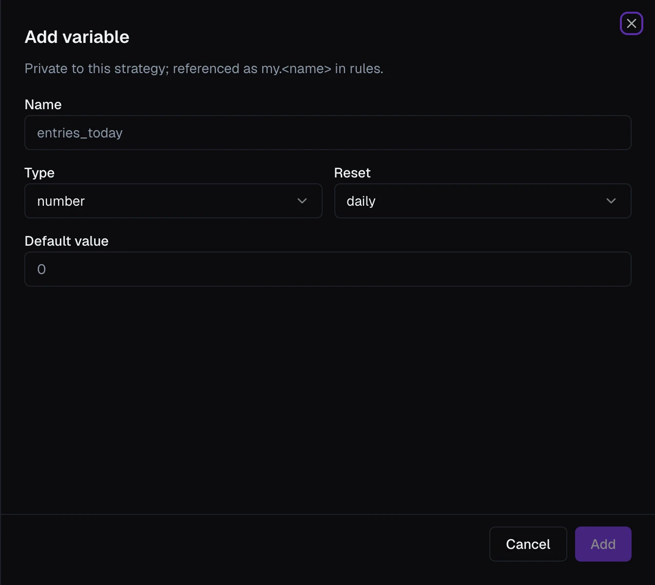 The Add variable editor, with Name, Type, Reset and Default value