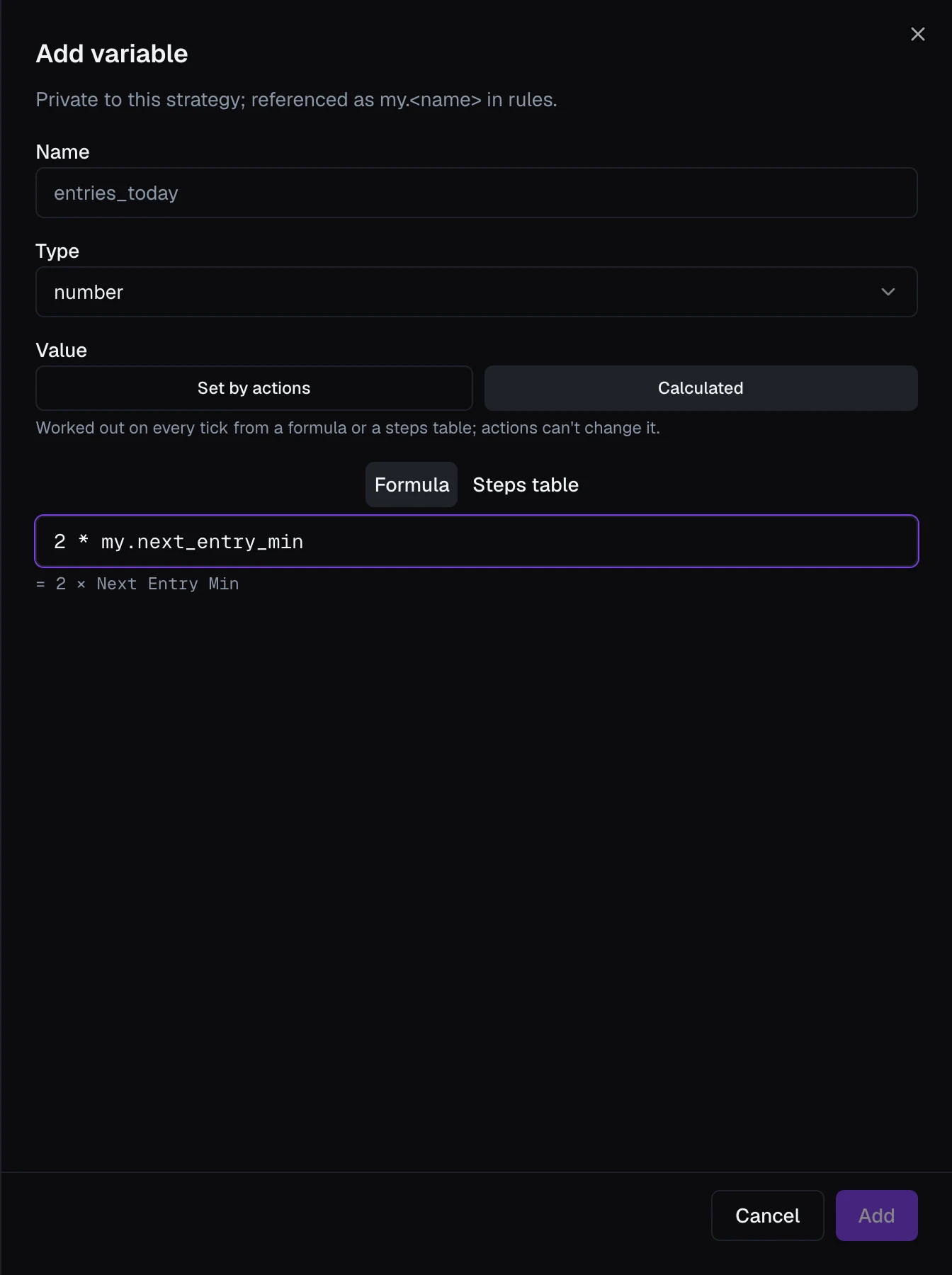The Formula box showing a valid formula's plain-language preview