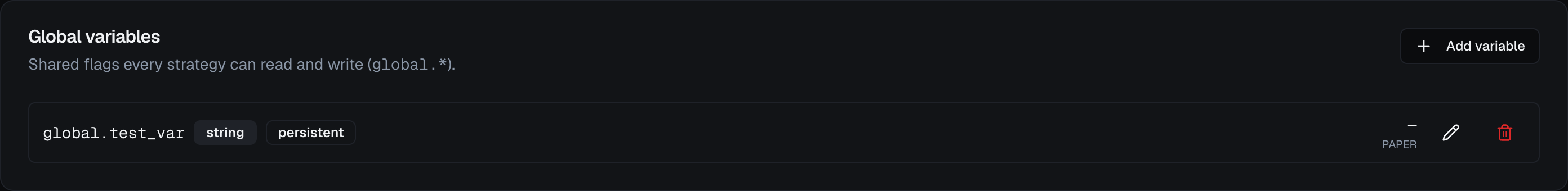 The Global Variables tab, listing a shared global variable with its type and reset