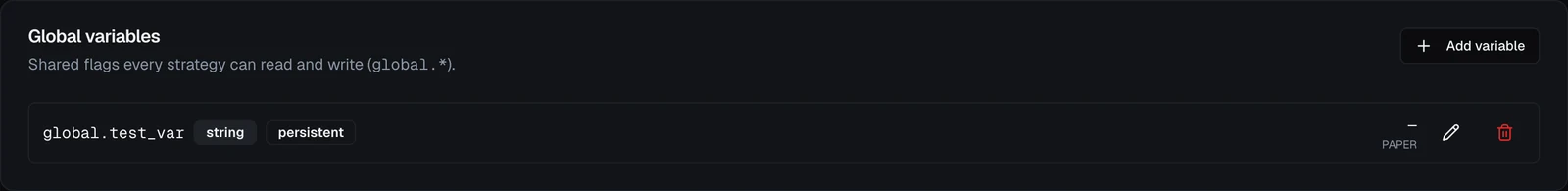 The Global Variables tab, listing a shared global variable with its type and reset