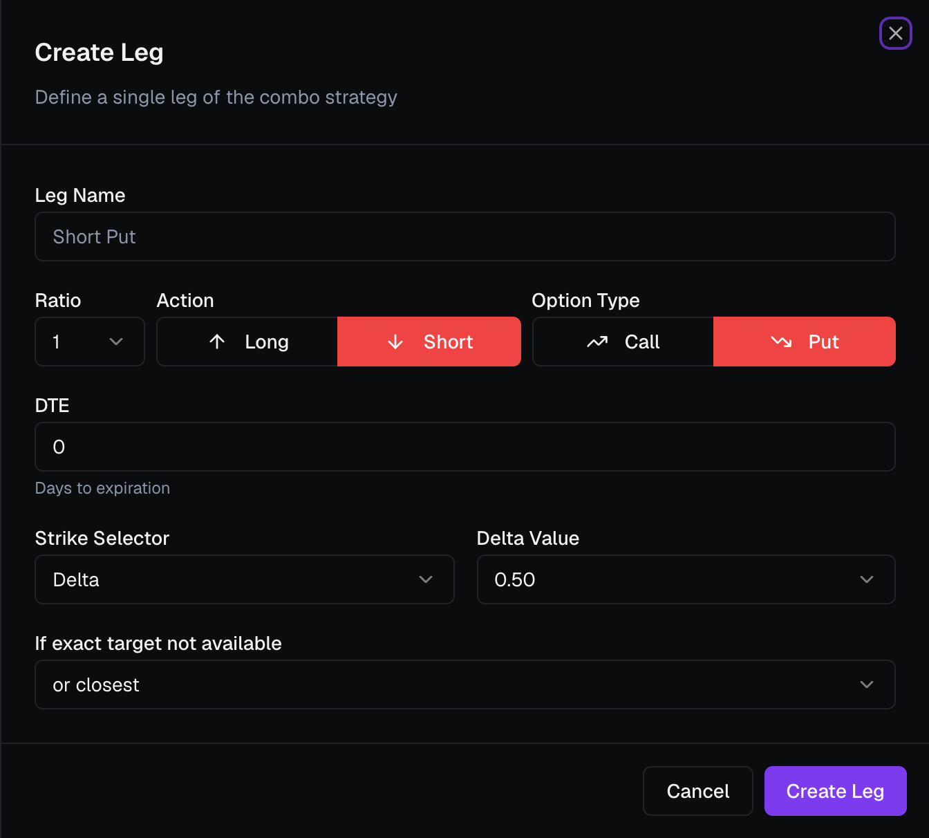 The Create Leg form