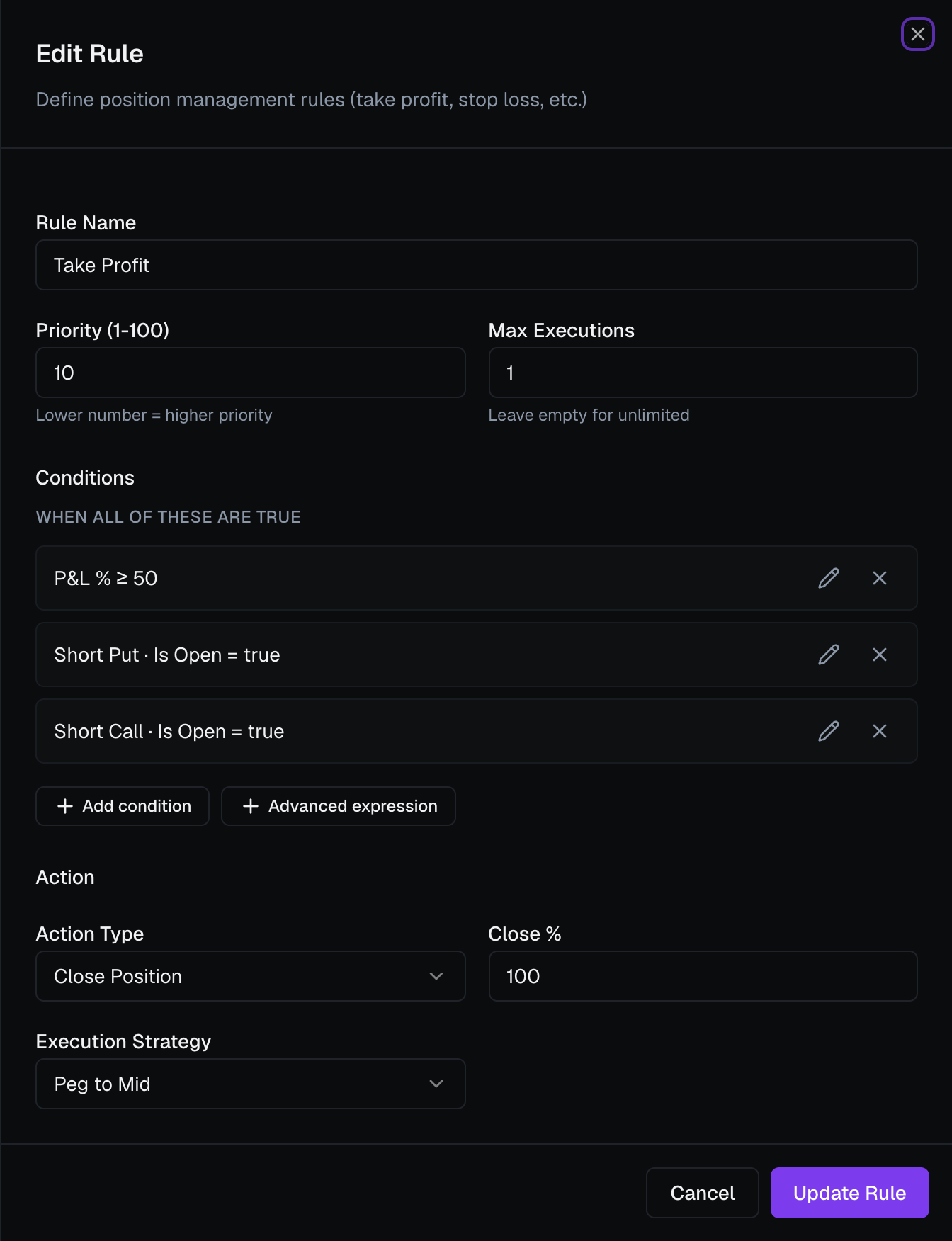 The Create Rule sheet, showing Rule Name, Priority, Max Executions, Conditions and the Action editor