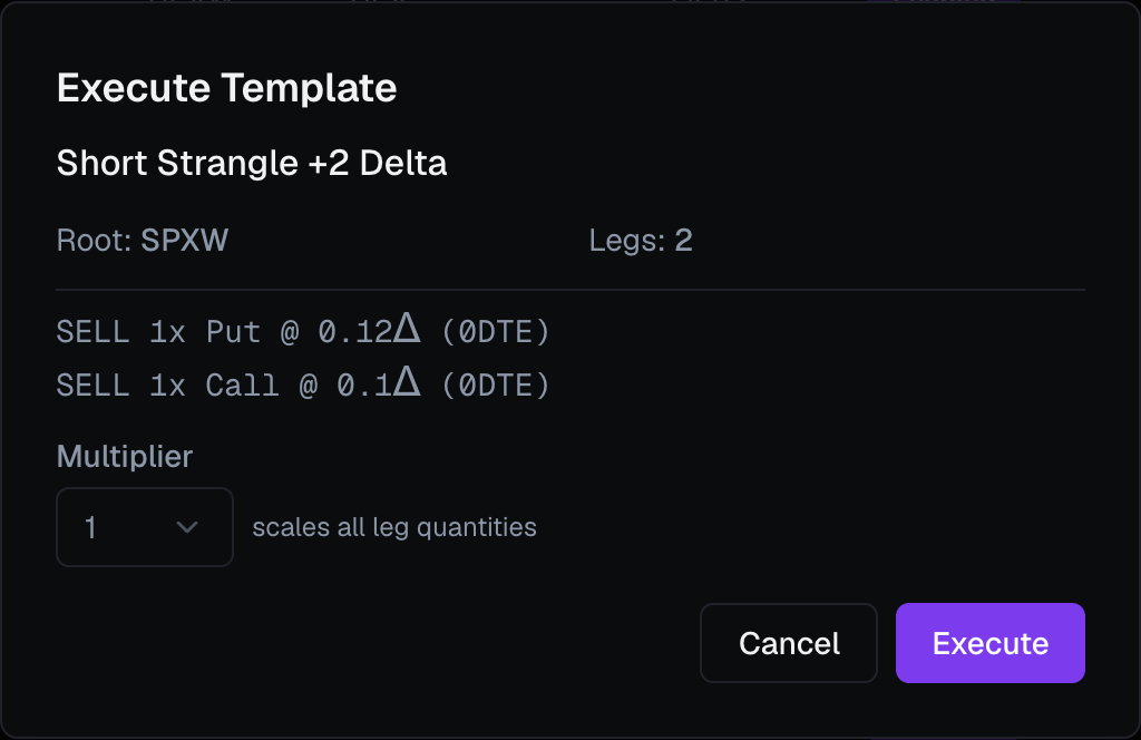 The Execute Template confirmation dialog with the leg breakdown and multiplier