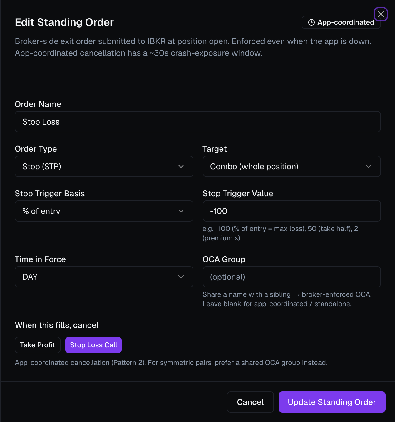 The Create Standing Order sheet, showing Order Type, Target, Stop Trigger, Time in Force, OCA Group and cancel-on-fill options
