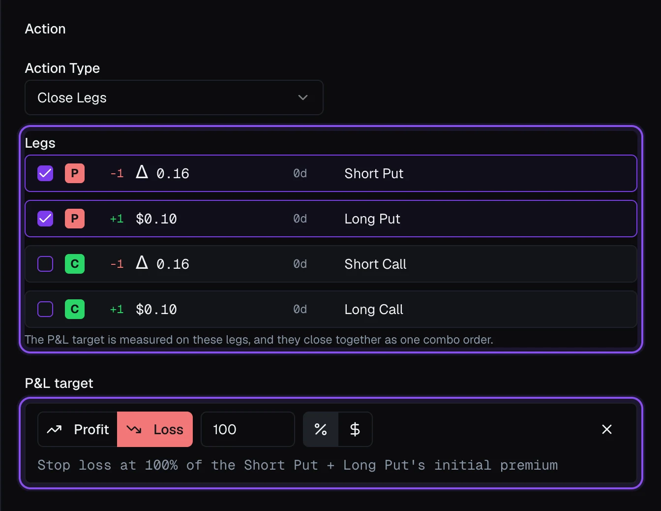 The put side stop: action Close Legs with Short Put and Long Put ticked, and a P&L target of Loss 100% measured on the two legs